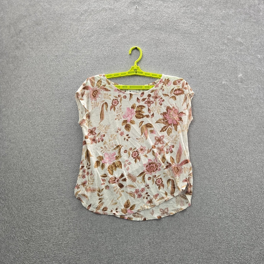 Rachel Zoe‎ Women Shirt M Cream Linen Floral Casual Scoop Neck Pullover Coastal